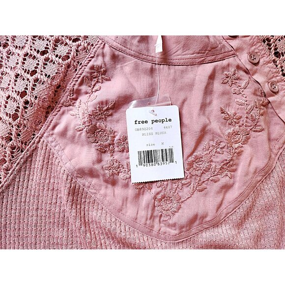 Free People Sweetest Thing Thermal Pink Blush Top Embroidery & Crochet Sz Medium - Picture 7 of 11